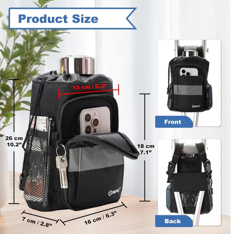 MFE Crutch Accessories Bag - Water-Resistant Organizer Pouch with Cup Holder, Zippered Pockets & Reflective Strips - Universal Tote for Underarm Crutches, Adults & Seniors, Black - Image 2